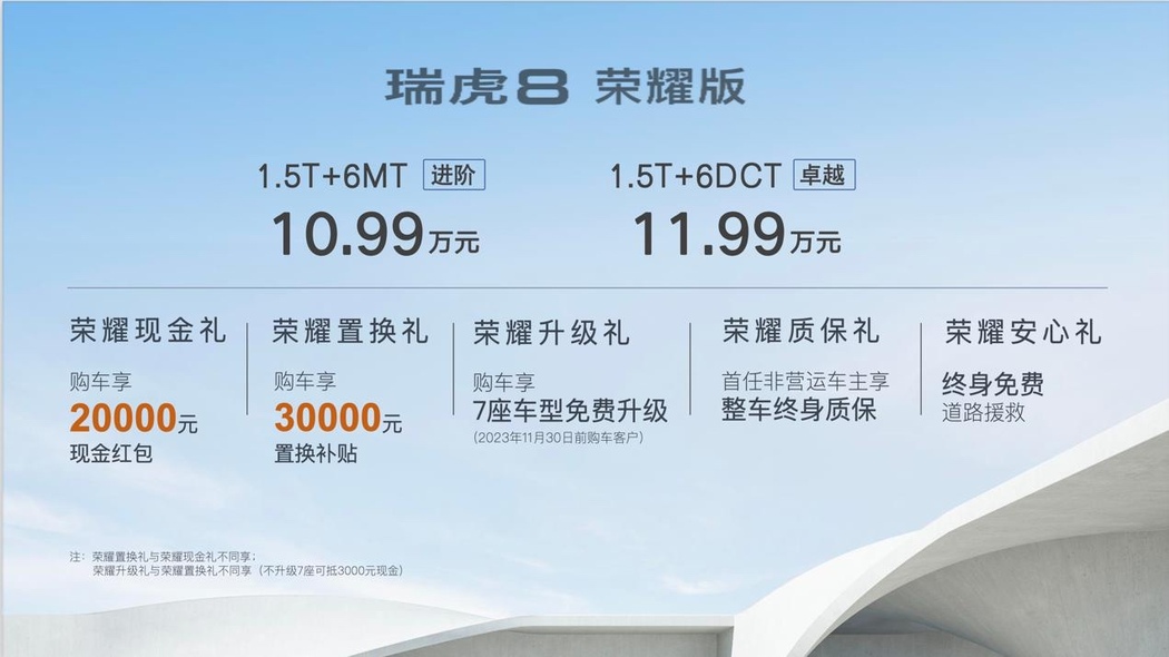 5+2座超值旗舰SUV瑞虎8 荣耀版上市 售价10.99万起