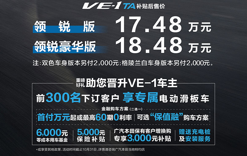 广汽本田2022款VE-1 TA系列上市 售价17.48万起